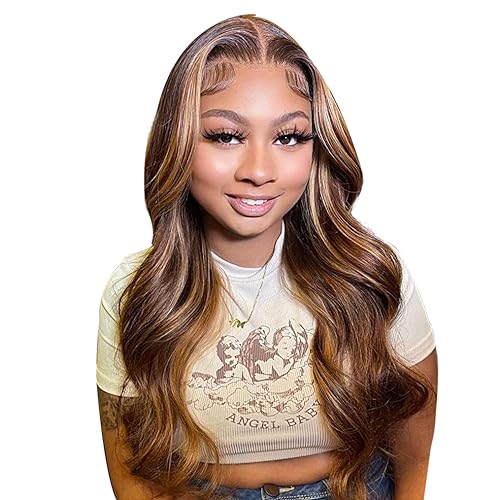 Highlight Ombre Lace Front Wig Human Hair Pre Plucked 13x4 HD Honey Blonde Lace Frontal Wigs with Baby Hair 150% Density Colored Body Wave Human Hair Wigs for Women 22 Inch