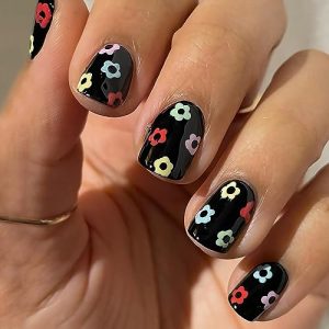 Flower Press on Nails Oval Short Fake Nails Black False Nails With Colorful Floral Designs Full Cover Stick on Nails Reusable Acrylic Artificial Nails Glue on Nails for Women Nail Decorations 24Pcs