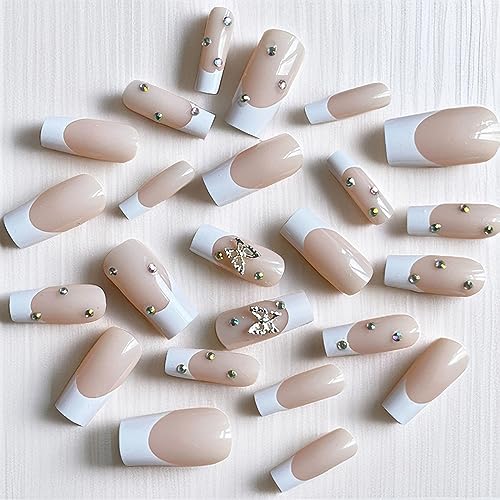 Long Press on Nails French Tip Fake Nails Acrylic Glue on Nails with Metal Butterfly Nail Charms and Rhinestones Design Full Cover Coffin Shaped False Nails Artificial Stick on Nails for Women - Image 3