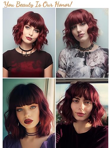 12-Inch Burgundy Wavy Bob Wig with Bangs for Women - Medium - Image 5