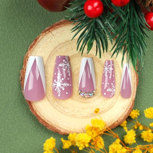 Christmas Press on Nails Coffin Medium Fake Nails White French Tip False Nails With Rhinestones Snowflake Designs Acrylic Stick on Nails Full Cover Artificial Nails for Women Winter Xmas 24Pcs - Image 3