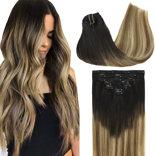GOO GOO 16 Inch Clip In Hair Extensions, 120g, 7 Piece Set, Balayage Brown to Dirty Blonde