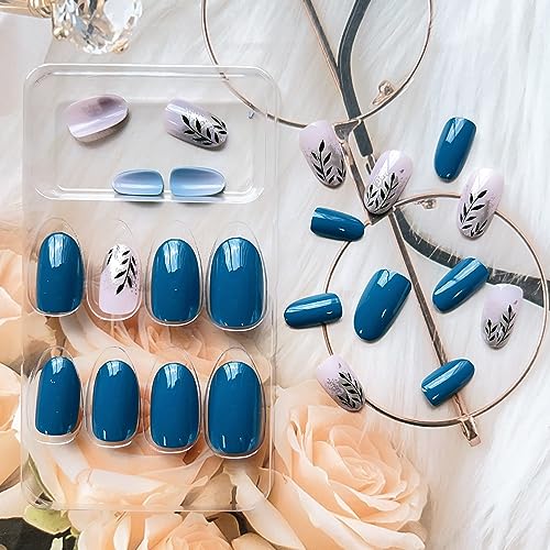 24 Pcs Fall Press on Nails Medium, LPOODDNU Almond Press on Nails Black Leaf Fake Nails, Full Cover Blue Glue on Nails, Reusable Stick on Nails - 24Pcs Medium Almond False Nails Set - Image 3