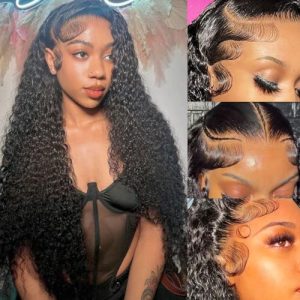13x4 Lace Front Wigs Human Hair Pre Plucked 180% Density Brazilan Virgin Hair Deep Wave HD Transparent Lace Front Wigs Human Hair Glueless Wigs for Women (Natural Black 26 inch)