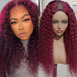 V Part Wig Human Hair No Leave Out No Glue Needed Red 99J Color Curly Wave Wig Upgrade U Part Human Hair Wigs Thin V Part Wig Brazilian Curly Burgundy Color Virgin Hair Clip In Half Wig Bouncy Curls V Shape Wigs For Black Women(16Inch)