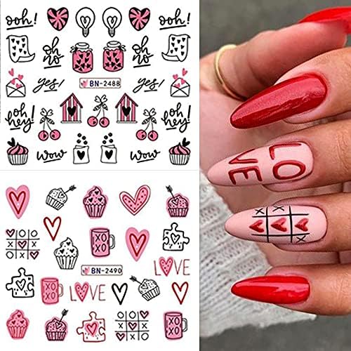 12 Sheets Valentine's Day Nail Art Stickers for Women - Water Transfer Designs with Hearts, Letters, and Cartoon Bears - Image 6