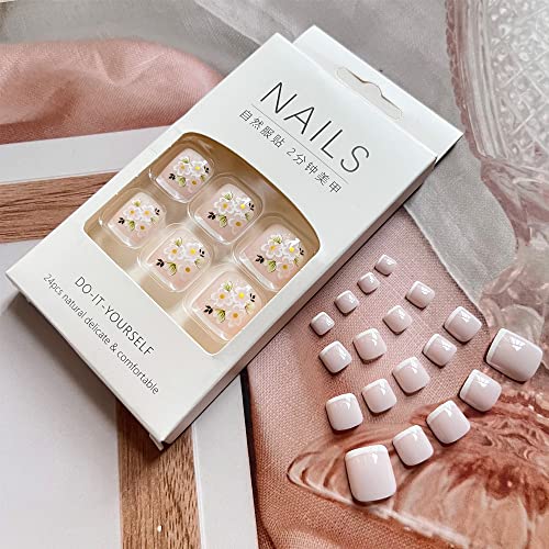 French Tip Press on Toenails Short Square Fake Toe Nails, Spring Press on Toenails with Flower Designs Acrylic Toe Nails Glossy Toe Nail Tips Glue on Toenails for Women Girls 24Pcs - Image 3