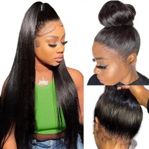 28 Inch HD Transparent Straight Human Hair 360 Lace Front Wig, 200 Density, Pre Plucked, Black Women, High Ponytail/Bun Ready