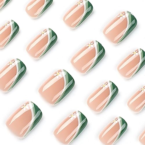 24Pcs Press on Nails Medium Square Fake Nails Green&white Stitching French Tip False Nails with Cute Flower Designs Acrylic Glue on Nails Pink Glossy Full Cover DIY Stick on Nails for Women - Image 5