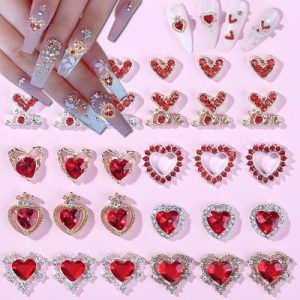 Valentines Day Nail Charms 30 Pcs Nail Art Charms - 3D Red Heart Nail Charms for Acrylic Nails Heart Nail Gems Shiny Alloy Designs Nail Art Set for Women DIY Valentines Day Decor (Gold and Silver)
