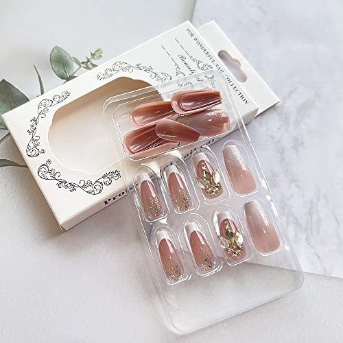 French Tip Press on Nails Medium Length Coffin Fake Nails with Rhinestones Design Glue on Nails Silver Glitter Full Cover False Nails Glossy Stick on Nails for Women Girls 24Pcs - Image 2