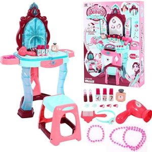 Kids Vanity Dressing Table - Make Up Desk w/Stool Beauty Kit Glamour Princess Magic Mirror Lights Music Pretend Toy Children for Child Beauty Dresser Table with Fashion & Makeup Accessories for Girls