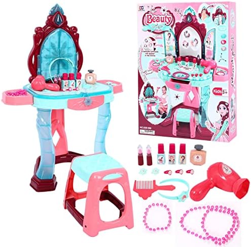 Kids Vanity Dressing Table - Make Up Desk w/Stool Beauty Kit Glamour Princess Magic Mirror Lights Music Pretend Toy Children for Child Beauty Dresser Table with Fashion & Makeup Accessories for Girls