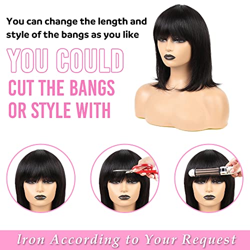 12INC Short Bob Wig with Bangs Human Hair Bob with Bangs Wig Human Hair 150% Density bob's wigs human hair For Women (12 Inch Natural Black) - Image 3