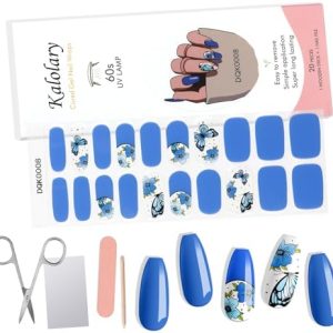 20PCS Gel Nail Polish Strips, Kalolary Blue Butterfly Self Adhesive Full Nail Art Wraps Gel Nail Stickers Waterproof Nail Art Kit for Women Girls DIY Nail Decoration (UV/LED Light Required)