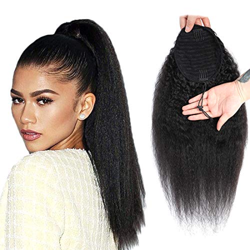 R RACILY HAIR Drawstring Ponytail for Black Women Human Hair Straight Kinky Ponytail Wrap Drawstring Yaki Extensions Clip on Afro Full Hair Pieces 110g/set False Hair (12")