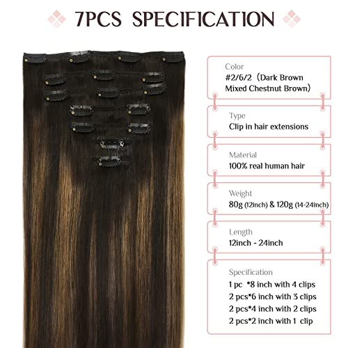 Balayage Dark Brown Chestnut Brown 20 Inch 120g 7pc Real Human Hair Clip In Extensions Natural Straight Long - Image 2