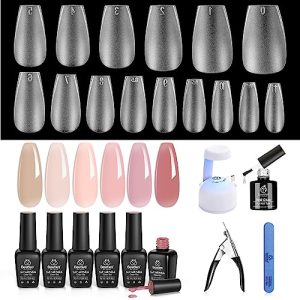 Beetles Gel Polish Nail Extension Kit 240 Pcs Gelly Tips Full Matte Short Coffin Shape 5 in 1 Glue Uv Led Lamp & Jelly Gel Polish Nude Pink Color Neutral Translucent Set Soak Off Nail Lamp Manicure