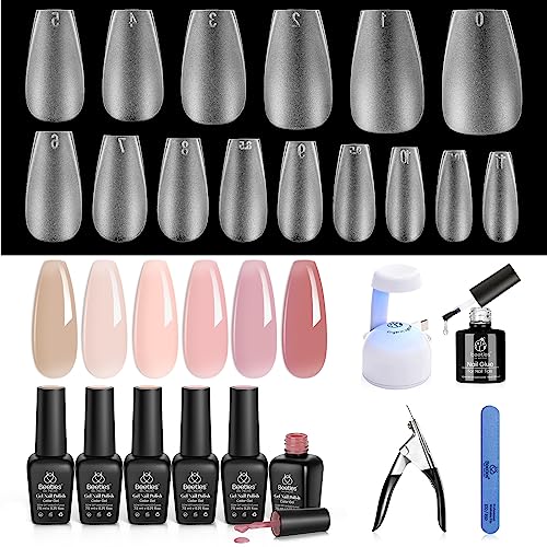 Beetles Gel Polish Nail Extension Kit 240 Pcs Gelly Tips Full Matte Short Coffin Shape 5 in 1 Glue Uv Led Lamp & Jelly Gel Polish Nude Pink Color Neutral Translucent Set Soak Off Nail Lamp Manicure