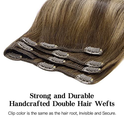 HOTBANANA 20 Inch Chocolate Brown Honey Blonde Ombre Balayage Remy Human Hair Clip In Extensions 120g Straight Dark Roots 7pcs - Image 5