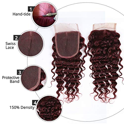 Burgundy Deep Wave Brazilian Human Virgin Hair Weft #99J Deep Curly Hair Bundles with 4x4 Lace Closure Wine Red Human Hair Bundles Double Weft Hair Weave (18 20 22 with 18C, Burgundy/99J) - Image 6