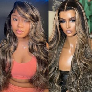 Ombre Lace Front Wig Human Hair 13x4 HD Transparent 1B/27 Highlight Lace Front Wigs Human Hair Colored 180% Density Body Wave HD Lace Frontal Wig Glueless Human Hair Wigs With Baby Hair 28 Inch