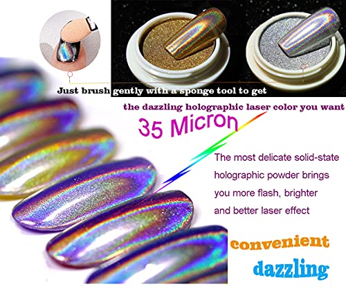 Solid Holographic Laser Powder Holo Golden Silver for Nails Mirror Chameleon Effect Multi Chrome Manicure Pigment Glitter Salon Home Nail Art DIY Deco 0.04oz/1g*2 Sponge Tool/4pcs - Image 2