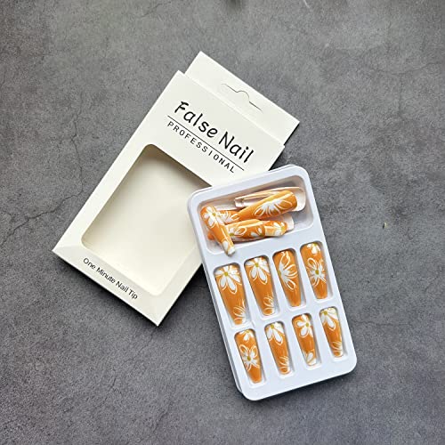 Long Press on Nails Coffin Fake Nails with Nail Glue Full Cover Orange False Nails with Flower Designs Acrylic Artificial Nails Stick on Nails for Women Nail Decorations 24Pcs - Image 7