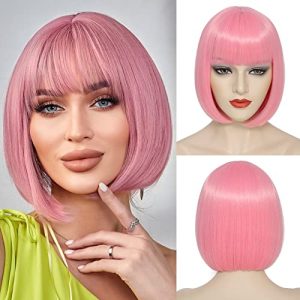 Pink Bob Wig With Bangs Short Pink Bob Wigs For Women Straight Bob Bangs Wig 10 Inch Heat Resistant Synthetic Hair Natural Looking For Daily Party Use
