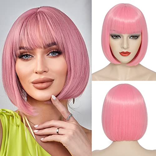 Pink Bob Wig With Bangs Short Pink Bob Wigs For Women Straight Bob Bangs Wig 10 Inch Heat Resistant Synthetic Hair Natural Looking For Daily Party Use