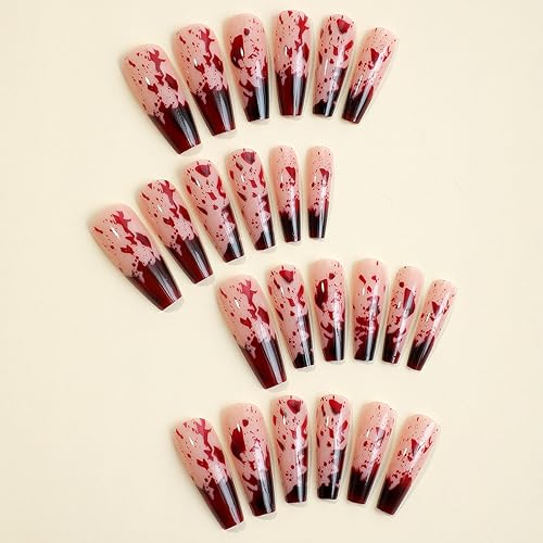 Halloween Press on Nails Long Coffin Fake Nails Blood Pattern False Nails Horror Holiday Acrylic Nails Glossy Glue on Nails Stick on Nails for Women Girls Halloween Nail Decorations 24Pcs - Image 3