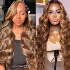 Highlight Lace Front Wig Human Hair 13x6 HD Transparent Honey Blonde Body Wave Lace Frontal Wigs Human Hair 26 Inch 4/27 Colored Highlight Ombre Lace Front Wig Human Hair for Women 180 Density