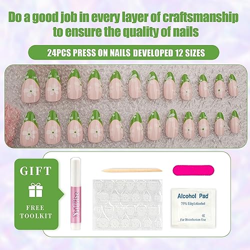 Almond Press On Nails Medium Cute Fake Nails with Glossy Flowers Leaf Design Green Pink Summer French Tip False Nails with Glue Full Cover Acrylic Nails - 24pcs - Image 2