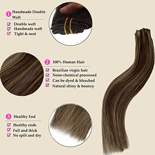 Real Hair Extensions,OiMiGO Ombre Brown to Blonde Human Hair Clip in Extensions Two Tones Highlight Straight Hair Extension for Women,Full Head Thick Hair Extension (#4/18,14Inch) - Image 2