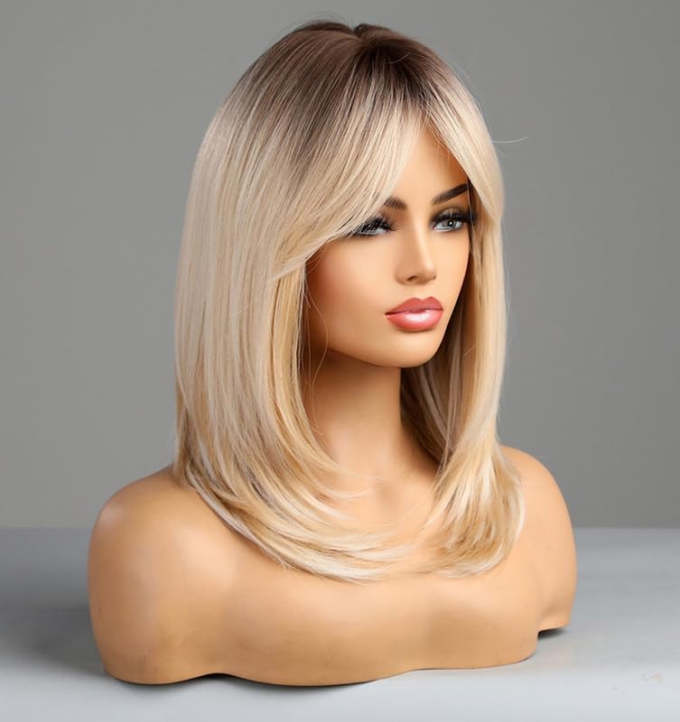 Honey Blonde Wigs with Bangs, Ombre Brown to Blonde Synthetic Hair Wig, Middle Part Shoulder Length Part Natural Straight Wigs for Women, VEDAR-163 - Image 6