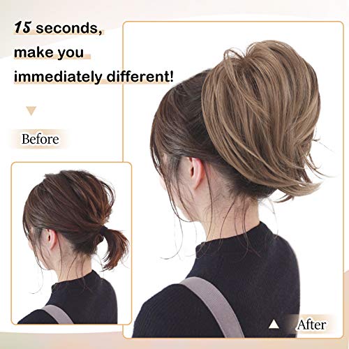 BARSDAR Hair Bun Ponytail Extension Straight Synthetic Fully Short Ponytail Bun Extensions Hairpieces Easy Elastic Scrunchies Hair Bun for Women- Brown mix Strawberry Blonde - Image 4