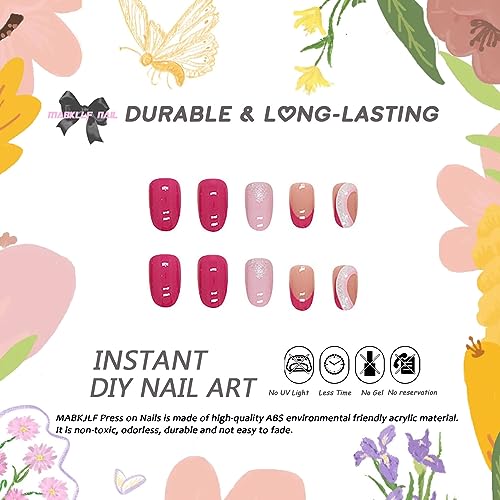 Hot Pink Press on Nails Short Round MABKJLF French Tip Fake Nails Full Cover Glitter Pink Swirl False Nails with Designs Glossy Glue on Nails Acrylic Nails Artificial Nails for Women Girls 24 Pcs - Image 2