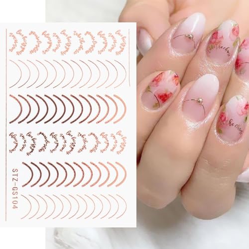 French Tips Nail Art Stickers - 3D Simple Lines Nail Stickers 6PCS Golden Rose Silver Curve Stripe Line Design French Nail Decals Self-Adhesive Nail Art Supplies Swirl Gel Nail Sliders for Women Girls - Image 5