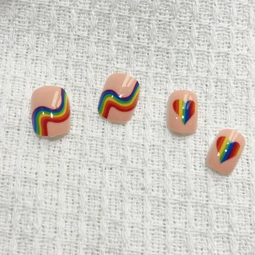 24Pcs Valentine Day Press on Nails Short Square Fake Nails Rainbow Stripes Hearts Colorful Glue on Nails Petite Reusable Acrylic Nails for Women Girls Gay Valentines False Nails - Image 4