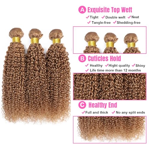 Human Hair Color 27 Curly Hair Bundles Human Hair 24 26 28 Inch Unprocessed Brazilian Virgin Hair 8A Grade Honey Blonde Kinky Curly Human Hair Bundles Double Weft Weave Extensions Hair - Image 3