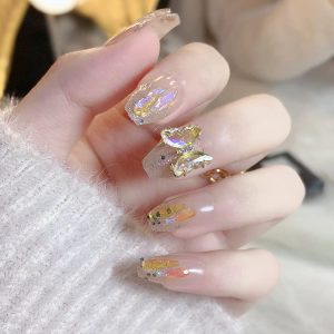 DOUBNINE Press on Nails Long Square Coffin Rhinestone Butterfly Nude Natural Glitter Glossy Ballerina Fake Nails Acrylic Full Cover Luxury False Nails for Women