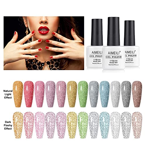 AIMEILI Reflective Gel Nail Polish Soak Off Reflective Glitter Gel Polish Holographic Diamond Glitter Nail Polish Kit Set of 12pcs X 8ml - Kit Set 7 - Image 9