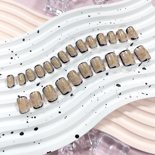 French Short Press on Nails Square JUKUPOA Acrylic Fake Nails Kit Nude False Nails with Gold Glitter Designs Full Cover Glossy Glue on Nails Stick on Nails for Women Girls 24Pcs - Image 5