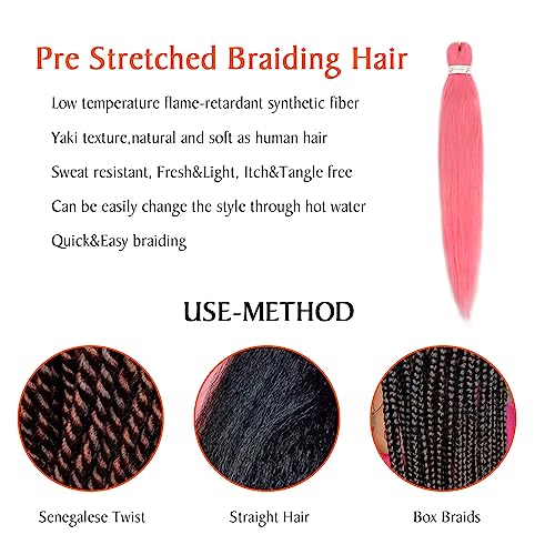 Pink Pre Stretched Braiding Hair 26 Inch 3 Packs Synthetic Crochet Braids Hair Professional Soft Yaki Texture Hot Water Setting Braiding Hair Extensions - Image 3