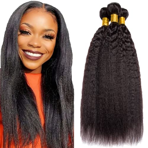 Human Hair Kinky Straight Bundles Natural Color 14 16 18 Inch Unprocessed Brazilian Virgin Hair 8A Grade Kinky Straight Human Hair Bundle Weave Extensions Hair Soft And Healthy for Women