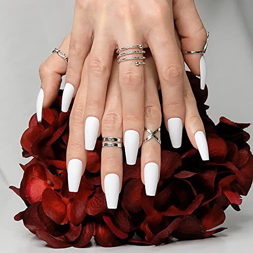Hypnaughty 24 Pcs Santorini White Matte Luxury Coffin Press on Nails with Glue Medium Long Reusable & Customizable False Nails (Santorini) - Image 5