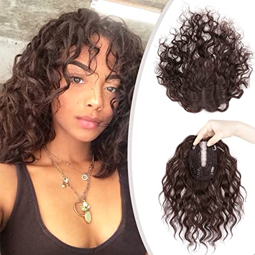 Dark Brown Curly Human Hair Topper for Women, 12" Length, 3.5"x5.5" Swiss Net Base, Clip-In Hairpiece