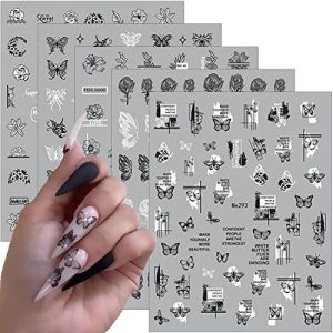 8 Sheets Black Butterfly Nail Art Stickers Decals 3D Self-Adhesive Butterfly Nail Stickers for Nail Art Spring Summer Flower Nail Decals Rose Daisy Designs Nail Decor Accessories for Acrylic Nail DIY