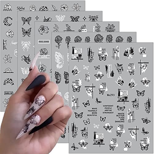 8 Sheets Black Butterfly Nail Art Stickers Decals 3D Self-Adhesive Butterfly Nail Stickers for Nail Art Spring Summer Flower Nail Decals Rose Daisy Designs Nail Decor Accessories for Acrylic Nail DIY