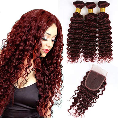 Burgundy Deep Wave Brazilian Human Virgin Hair Weft #99J Deep Curly Hair Bundles with 4x4 Lace Closure Wine Red Human Hair Bundles Double Weft Hair Weave (18 20 22 with 18C, Burgundy/99J)